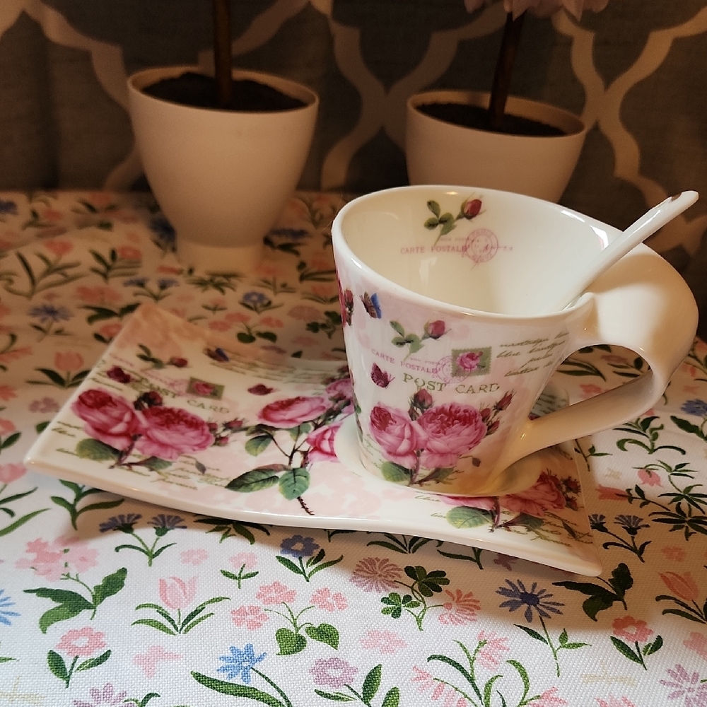 Adeline Floral Teacup and Saucer Set with Spoon